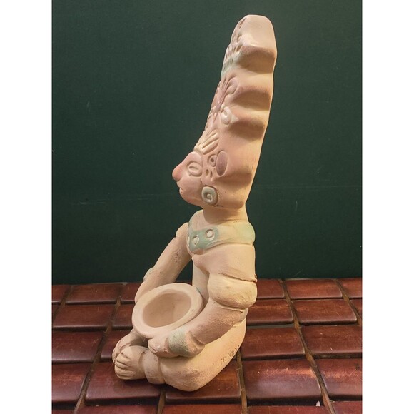 Vintage Mayan Clay Idol Sculpture w/ Offering Bowl 8.5"x4"x4" - Picture 4 of 5